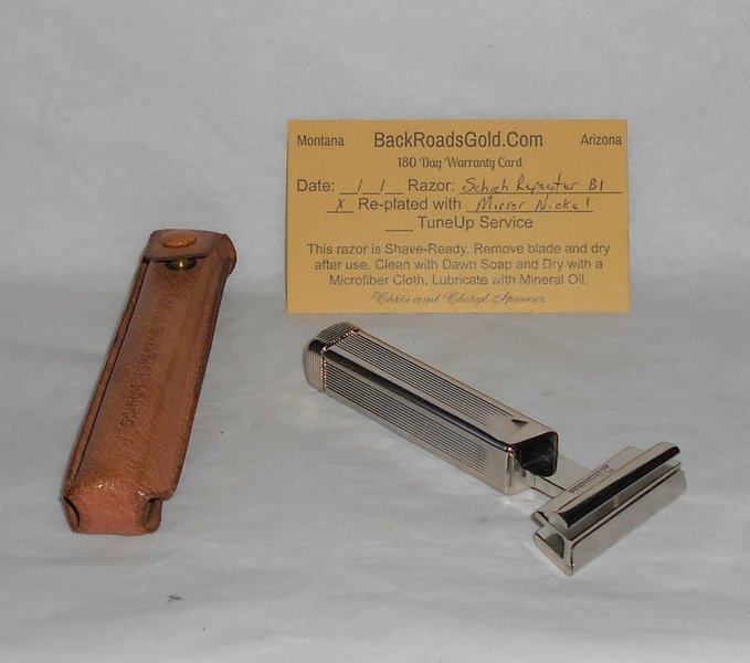 Schick Repeating Razor W Blades Five Loaded Refurbished Replated Mirror Nickel B-1 W Leather C...JPG