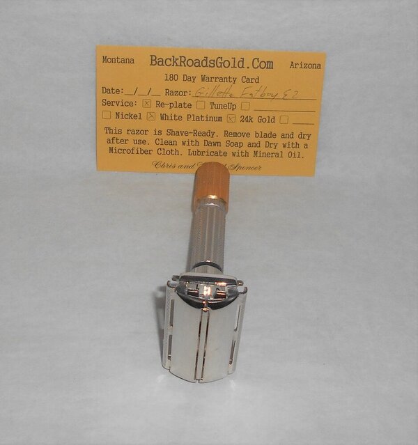 Gillette 1959 Fat Boy Razor TTO Adjustable Refurbished Replated 24 Karat Gold White Platinum E...JPG
