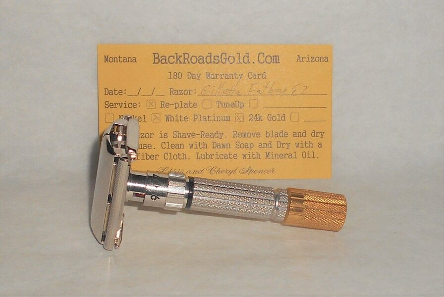 Gillette 1959 Fat Boy Razor TTO Adjustable Refurbished Replated 24 Karat Gold White Platinum E...JPG