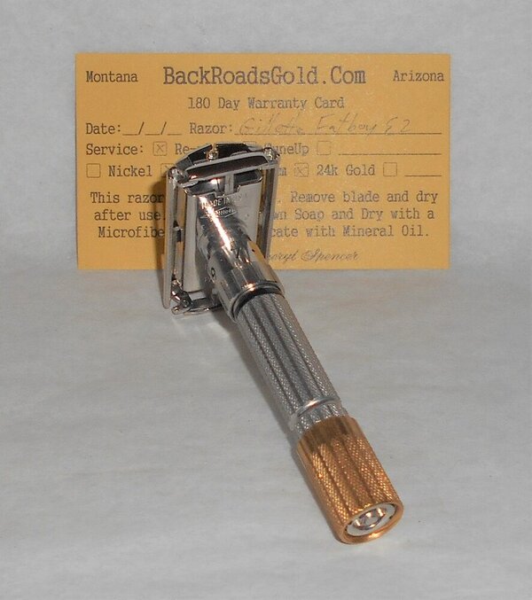 Gillette 1959 Fat Boy Razor TTO Adjustable Refurbished Replated 24 Karat Gold White Platinum E...JPG