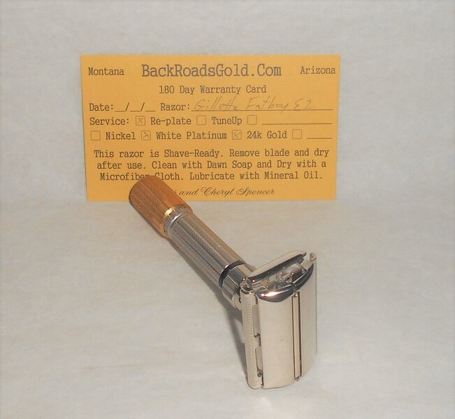 Gillette 1959 Fat Boy Razor TTO Adjustable Refurbished Replated 24 Karat Gold White Platinum E...JPG