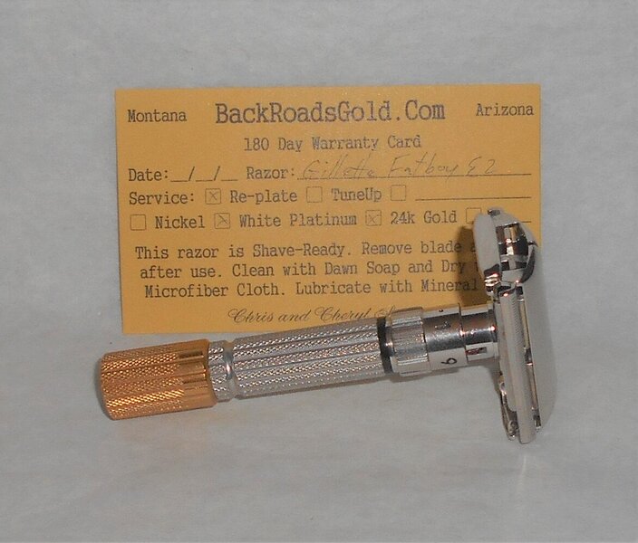 Gillette 1959 Fat Boy Razor TTO Adjustable Refurbished Replated 24 Karat Gold White Platinum E...JPG