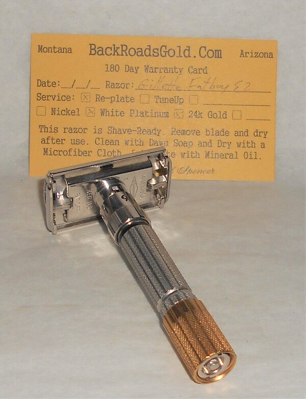 Gillette 1959 Fat Boy Razor TTO Adjustable Refurbished Replated 24 Karat Gold White Platinum E...JPG