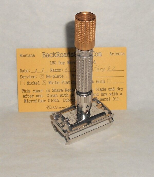 Gillette 1959 Fat Boy Razor TTO Adjustable Refurbished Replated 24 Karat Gold White Platinum E...JPG